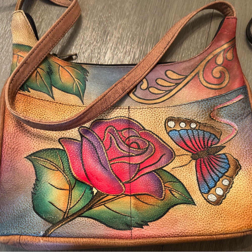 Anuschka Multicolor Rose and Butterfly Shoulder Bag